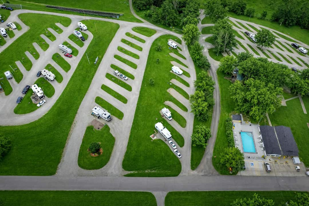 Aerial view of Alta Campground with full-hookup RV sites, swimming pool, and open green space