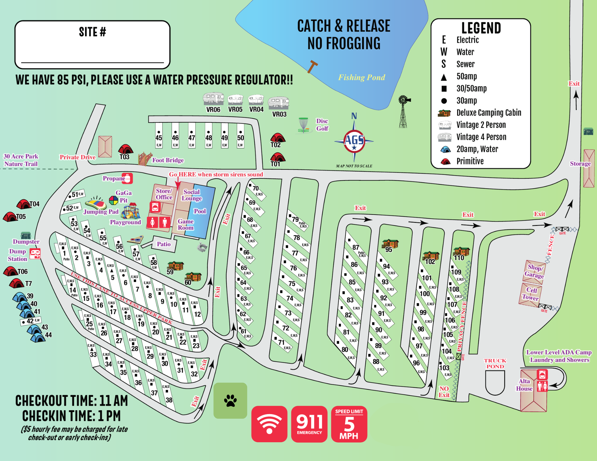 Campground map of Alta Campground showing site locations, cabins, pond, pool, and facilities