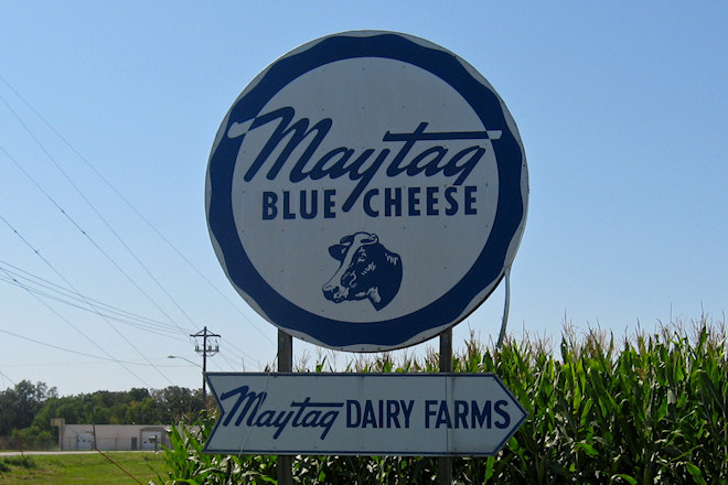 Maytag Blue Cheese and Maytag Dairy Farms roadside sign